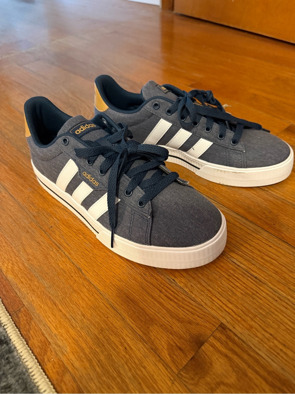 Adidas Men’s Navy Denim-Look Sneakers with White Stripes and Navy Laces